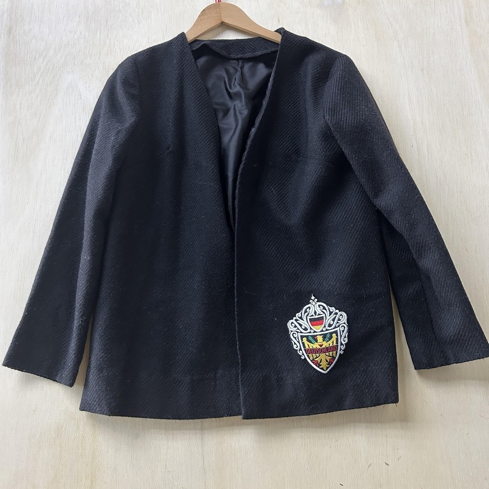 Vintage Blazer Jacket Womens Medium Black Deutschland Crest Embroidered Wool